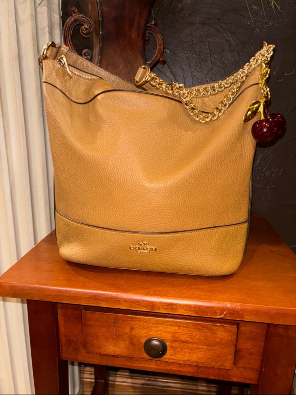 Coach Lexy Shoulder Bag in pebbled leather, style number F72692 Taupe/Saddle